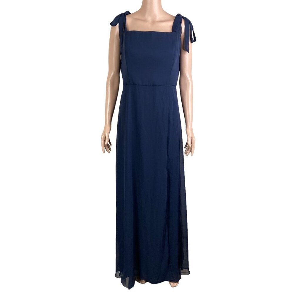 Dessy Collection Dress Womens 16 Luxchiff FL Bow Shoulder Blue Maxi Plus